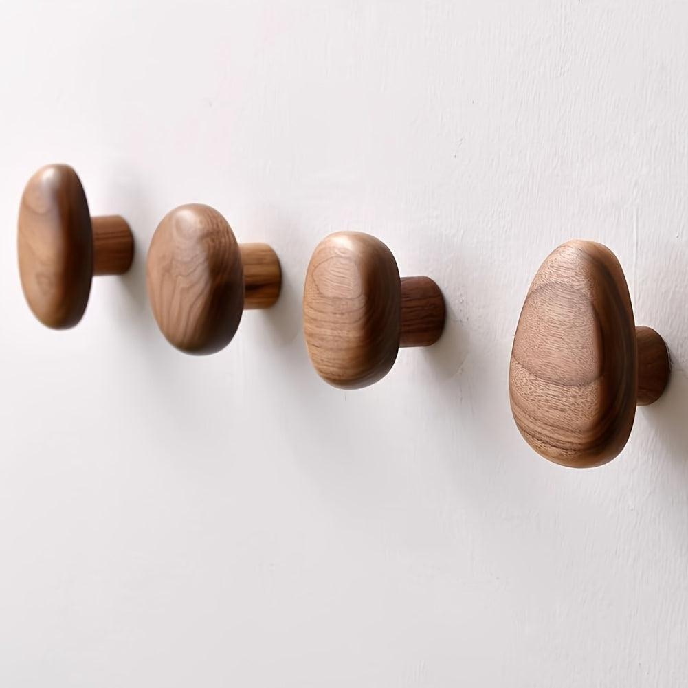Smooth Pebble-Shape Wooden Coat Hooks – 4-Piece Natural Wood Hanger Set for Entryway Bedroom Bathroom Towel Rack | Thomler