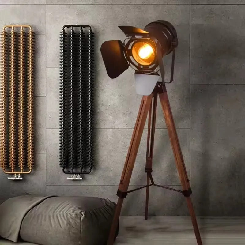 Adjustable Industrial Tripod Standing Lamp with Wood Legs & Metal Shade for Living Room | Thomler