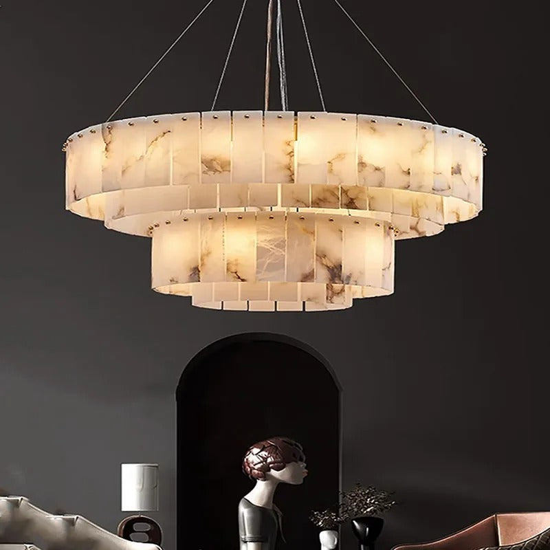 Circular Alabaster Stone Chandelier with Dual-Tier Illumination & Metal Framework | Thomler