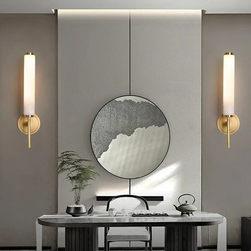 Cylindrical Alabaster Wall Light with Metal Trim — Up & Down Glow for Bedroom, Entry & Bath | Thomler