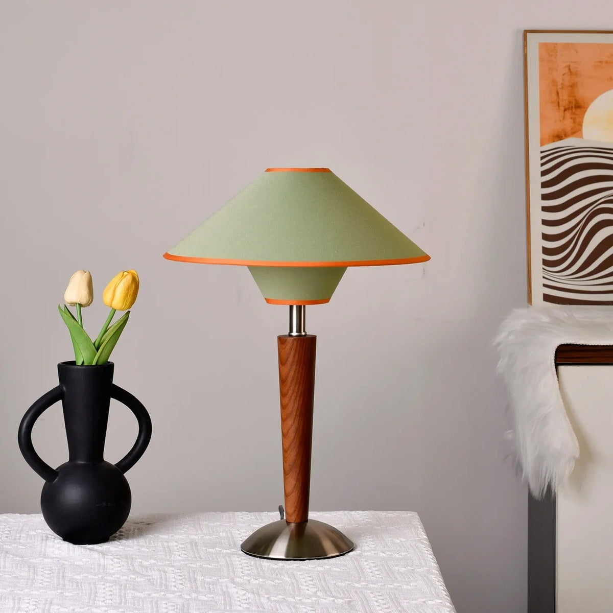 Retro Tapered Shade Desk Lamp with Wood Base & Fabric Cone | Thomler