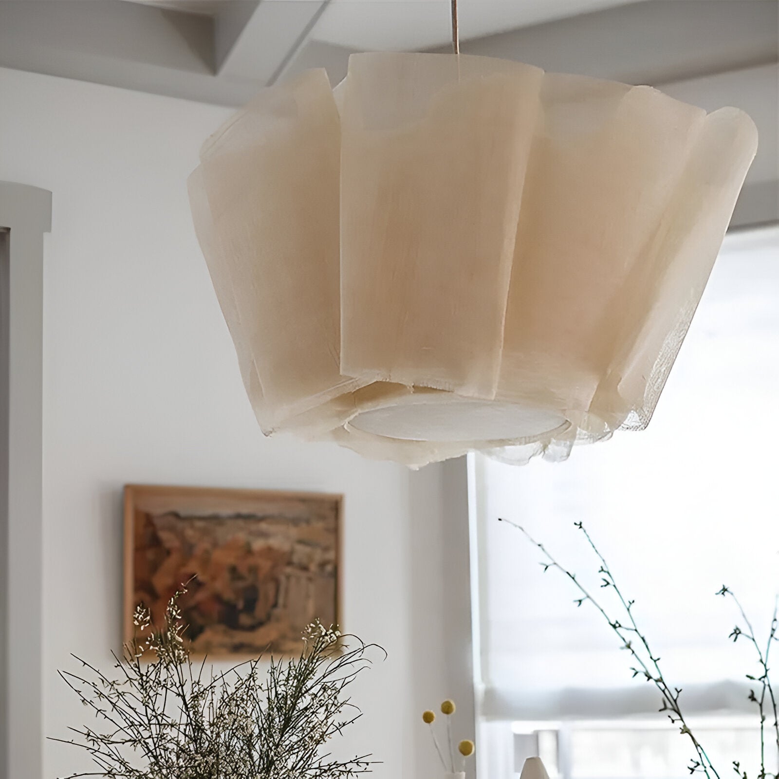 Pendant Light Fabric Pleated Shade 15.7 in Warm Cream Dining Room Kitchen Island Hanging Ceiling Lamp Scandinavian Japanese Style | Thomler