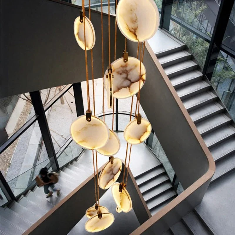 Spiral Alabaster Disc Pendant Chandelier with LED – Rotating Multi-Tier Statement Light for High Ceilings, Foyers & Staircases | Thomler