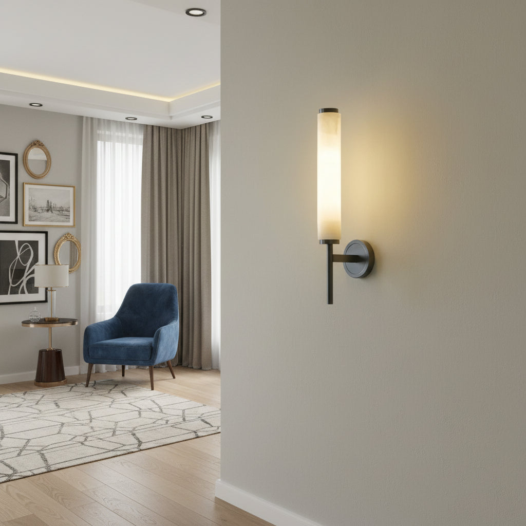 Cylindrical Alabaster Wall Light with Metal Trim — Up & Down Glow for Bedroom, Entry & Bath | Thomler