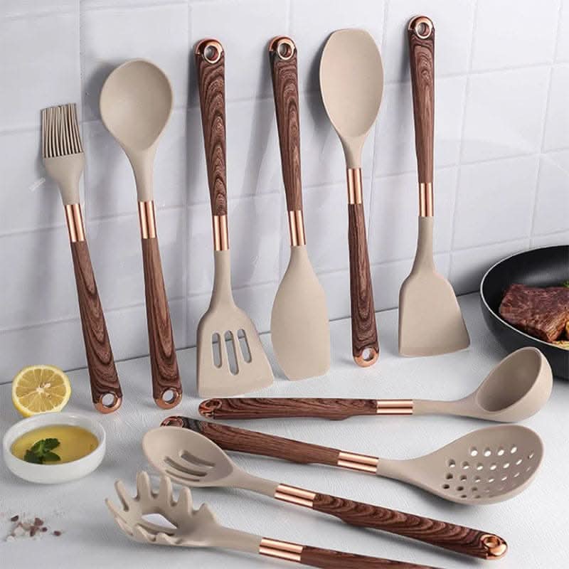 Silicone Cooking Utensil Set with Wooden Handles – 10-Piece Non-Stick Safe Tools for Everyday Meal Prep | Thomler