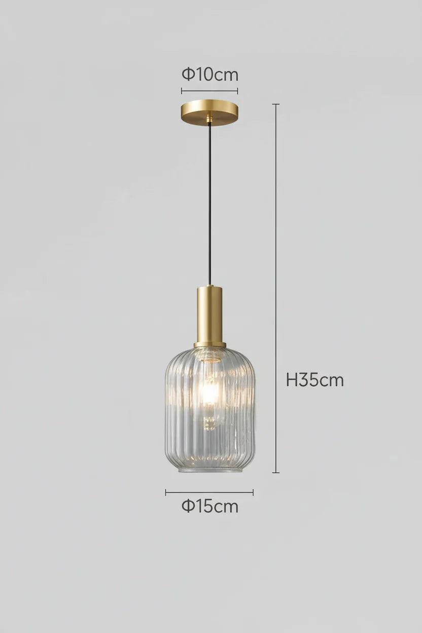 Pendant Light Glass 11.8 in Gold Transparent Dining Room Kitchen Island Hanging Ceiling Lamp Modern Ribbed Shade | Thomler