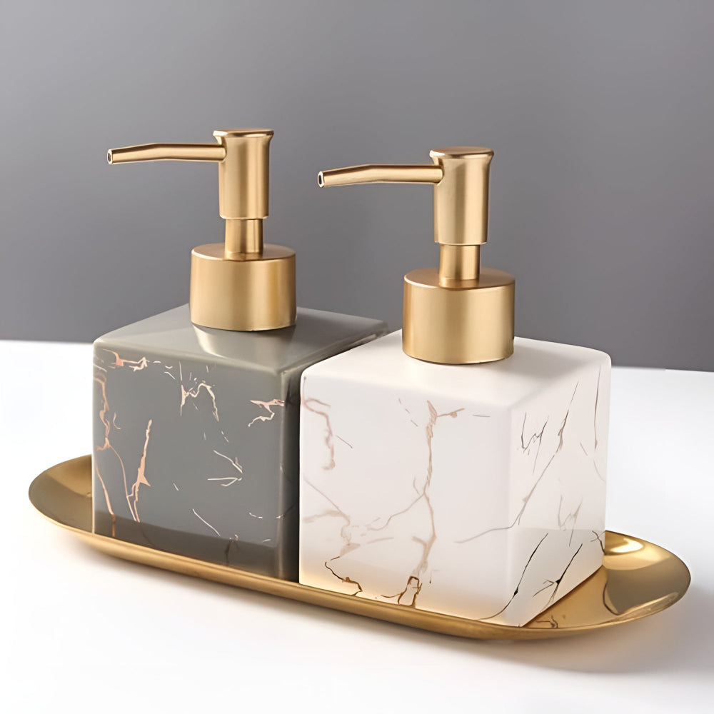 Ceramic Liquid Soap Pump Dispenser with Gold Pump for Countertop – Marble-Look Lotion Bottle for Vanity, Sink & Kitchen Counters | Thomler