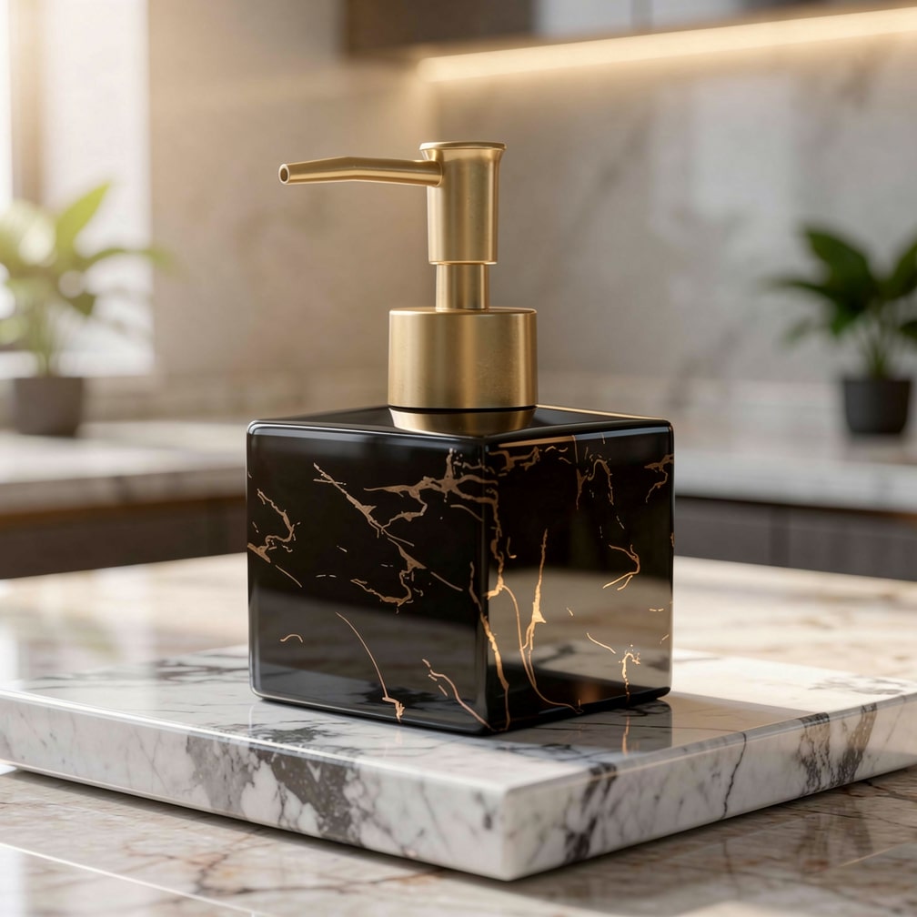 Ceramic Liquid Soap Pump Dispenser with Gold Pump for Countertop – Marble-Look Lotion Bottle for Vanity, Sink & Kitchen Counters | Thomler