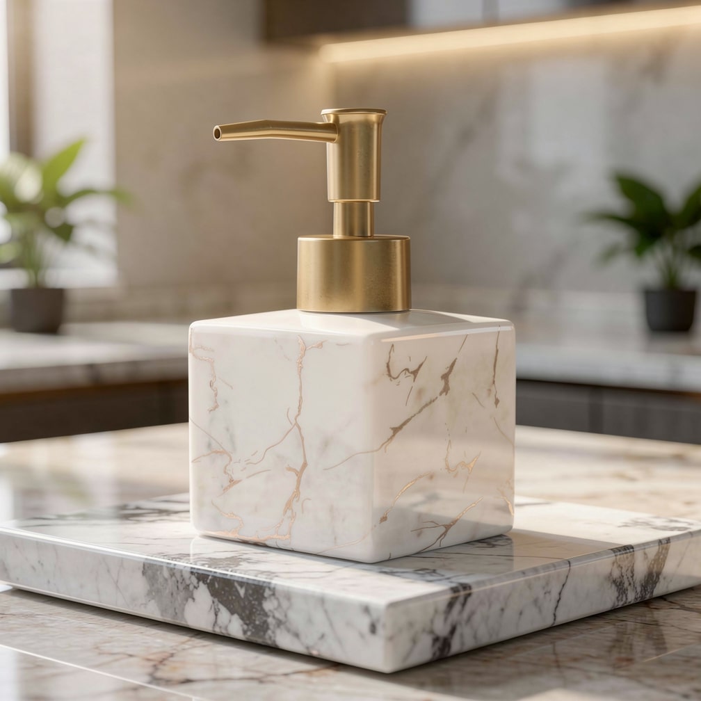 Ceramic Liquid Soap Pump Dispenser with Gold Pump for Countertop – Marble-Look Lotion Bottle for Vanity, Sink & Kitchen Counters | Thomler