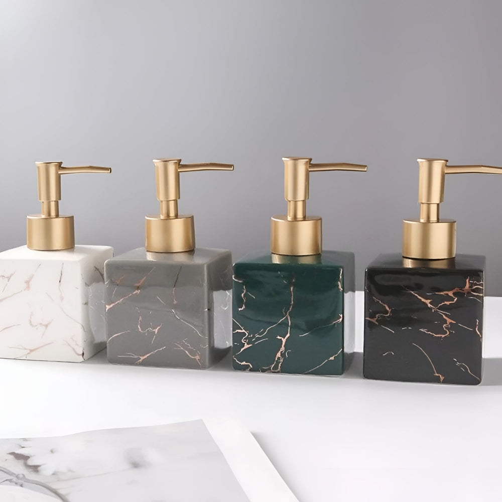 Ceramic Liquid Soap Pump Dispenser with Gold Pump for Countertop – Marble-Look Lotion Bottle for Vanity, Sink & Kitchen Counters | Thomler