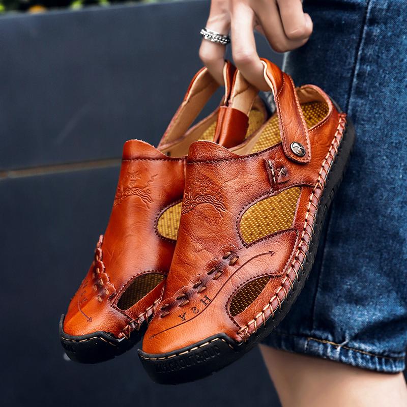 Men's Open-Toe Leather Sandals – Handcrafted, Rubber Sole, Round Toe for Summer Travel & Casual Wear – Sizes US 6.5-13 | Thomler