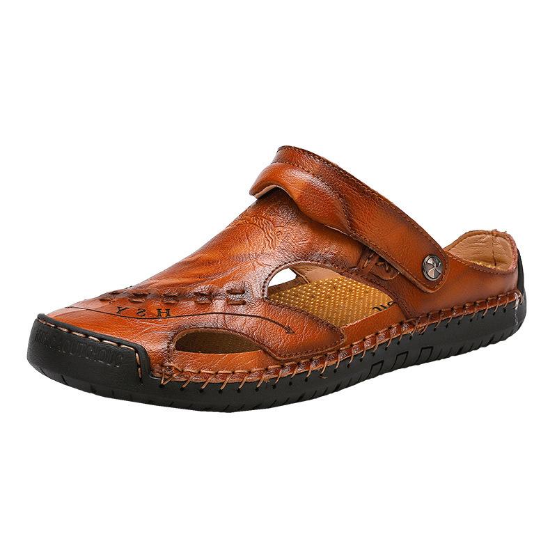 Men's Open-Toe Leather Sandals – Handcrafted, Rubber Sole, Round Toe for Summer Travel & Casual Wear – Sizes US 6.5-13 | Thomler