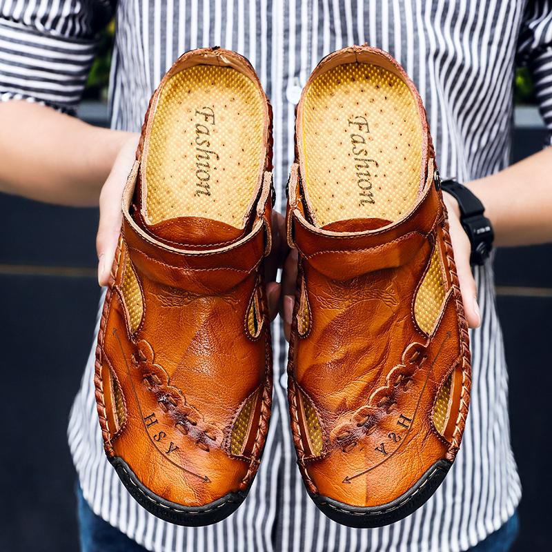 Men's Open-Toe Leather Sandals – Handcrafted, Rubber Sole, Round Toe for Summer Travel & Casual Wear – Sizes US 6.5-13 | Thomler