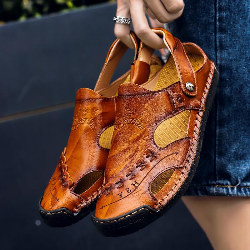 Men's Open-Toe Leather Sandals – Handcrafted, Rubber Sole, Round Toe for Summer Travel & Casual Wear – Sizes US 6.5-13 | Thomler