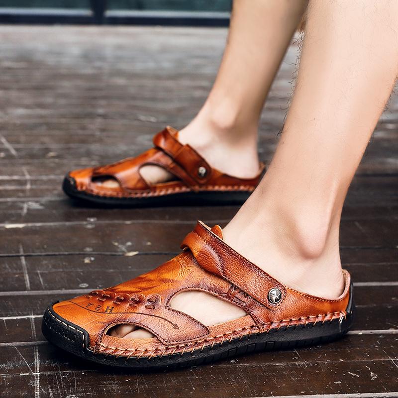 Men's Open-Toe Leather Sandals – Handcrafted, Rubber Sole, Round Toe for Summer Travel & Casual Wear – Sizes US 6.5-13 | Thomler