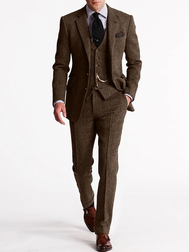 Men's Herringbone Wool-Blend Suit – Tailored 3-Piece Jacket Vest Pants Set for Weddings & Formal Occasions | Thomler