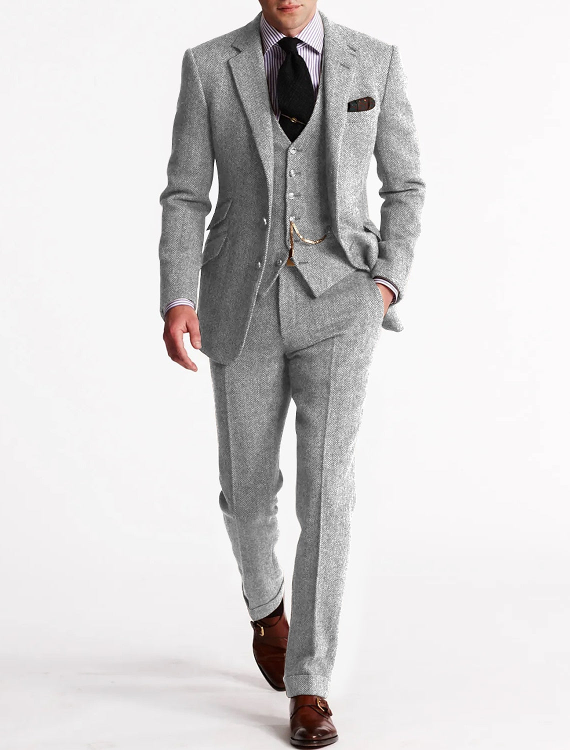 Men's Herringbone Wool-Blend Suit – Tailored 3-Piece Jacket Vest Pants Set for Weddings & Formal Occasions | Thomler