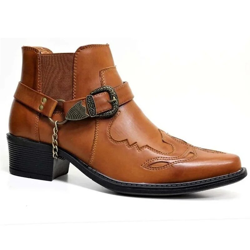 Men's Pointed-Toe Ankle Boots with Chain Detail – Leather Western Motorcycle Style for Urban Wear & Casual Outfits | Thomler