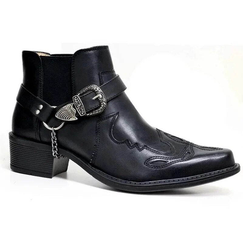 Men's Pointed-Toe Ankle Boots with Chain Detail – Leather Western Motorcycle Style for Urban Wear & Casual Outfits | Thomler