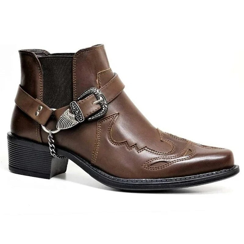 Men's Pointed-Toe Ankle Boots with Chain Detail – Leather Western Motorcycle Style for Urban Wear & Casual Outfits | Thomler