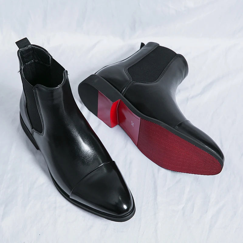 Ankle Boots for Men | Elastic-Side Pull-On Design with Toe Cap | Dress Casual Footwear for Work Office & Evening | Leather-Look Finish | Thomler
