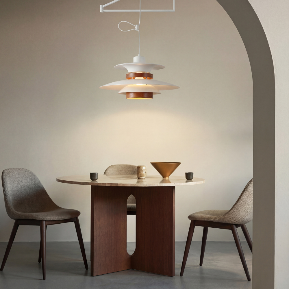 Adjustable Swing Arm Pendant Light with Wood Accents for Dining Room & Kitchen Island | Thomler