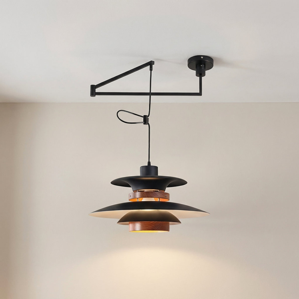 Adjustable Swing Arm Pendant Light with Wood Accents for Dining Room & Kitchen Island | Thomler