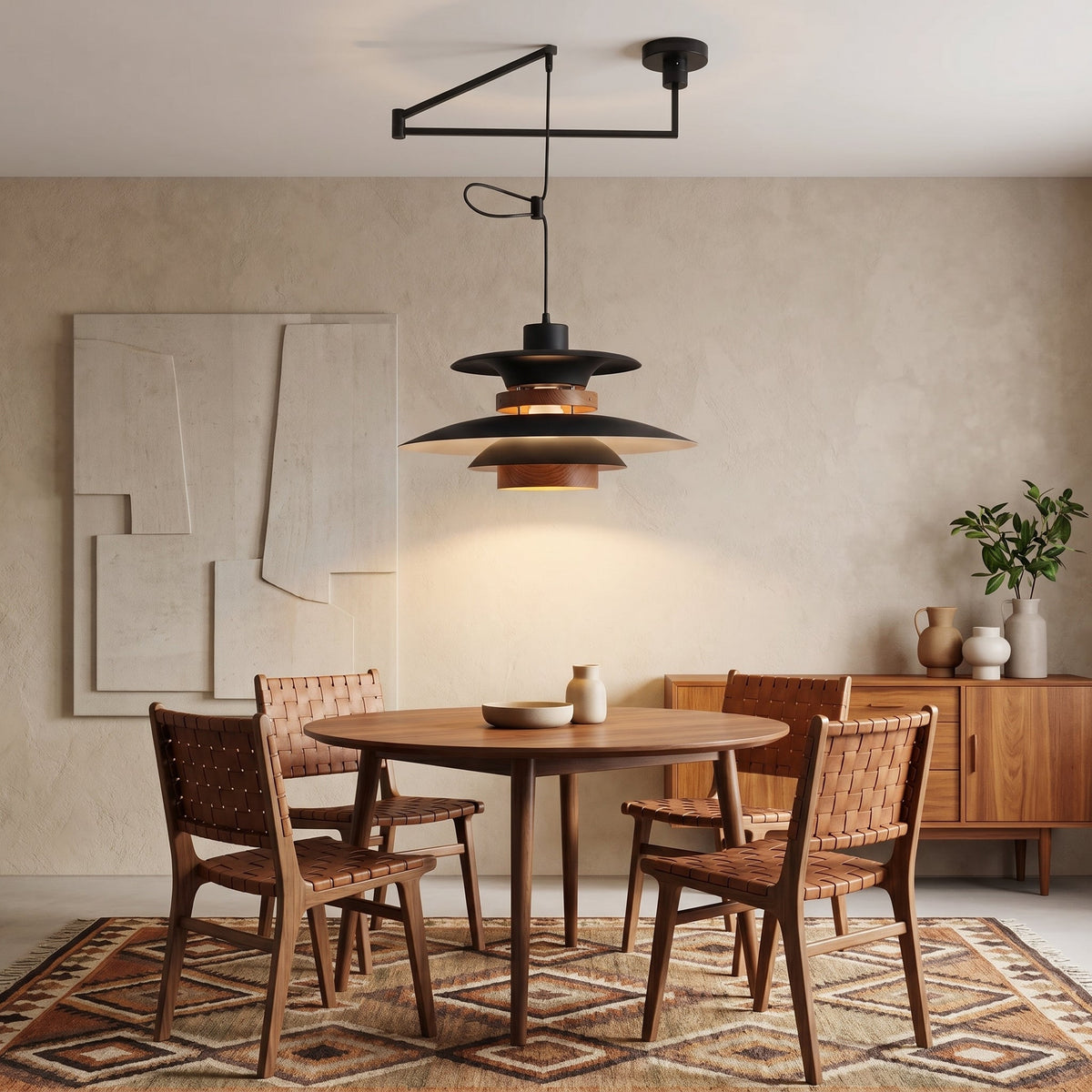 Adjustable Swing Arm Pendant Light with Wood Accents for Dining Room & Kitchen Island | Thomler