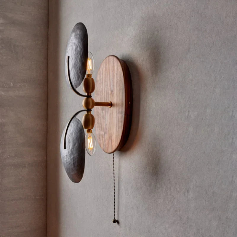 Wall Lamp Wood Iron 19.7 In Black Pull Chain Bedroom Hallway Reading Sconce Lighting Fixture | Thomler