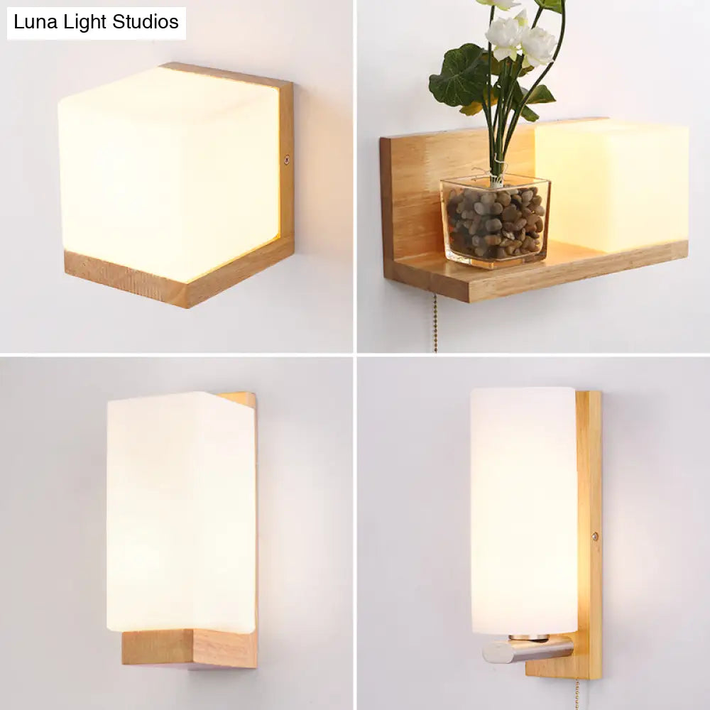 Wood & Cream Glass Wall Sconce for Stairway, Geometric Single-Light Fixture, E26 Base, Flush-Mount Design for Hallway & Bedroom Lighting | Thomler