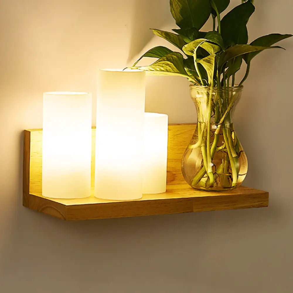 Wood & Cream Glass Wall Sconce for Stairway, Geometric Single-Light Fixture, E26 Base, Flush-Mount Design for Hallway & Bedroom Lighting | Thomler