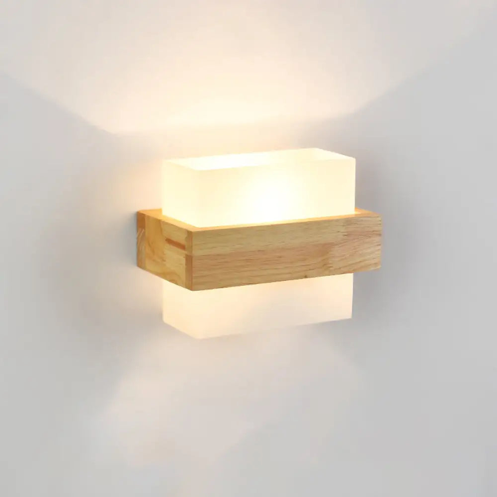 Wood & Cream Glass Wall Sconce for Stairway, Geometric Single-Light Fixture, E26 Base, Flush-Mount Design for Hallway & Bedroom Lighting | Thomler