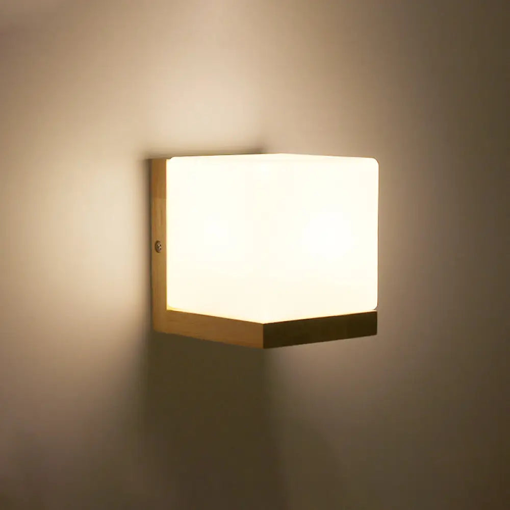 Wood & Cream Glass Wall Sconce for Stairway, Geometric Single-Light Fixture, E26 Base, Flush-Mount Design for Hallway & Bedroom Lighting | Thomler