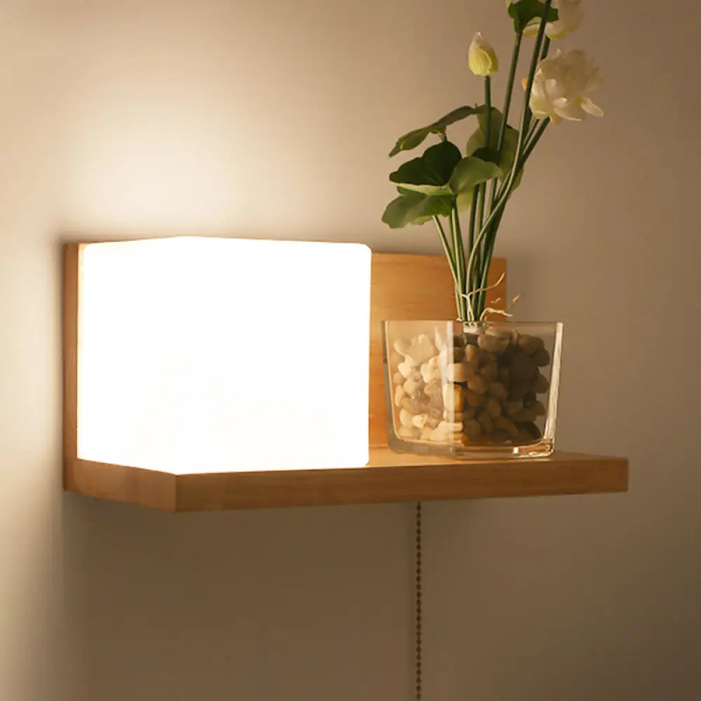 Wood & Cream Glass Wall Sconce for Stairway, Geometric Single-Light Fixture, E26 Base, Flush-Mount Design for Hallway & Bedroom Lighting | Thomler