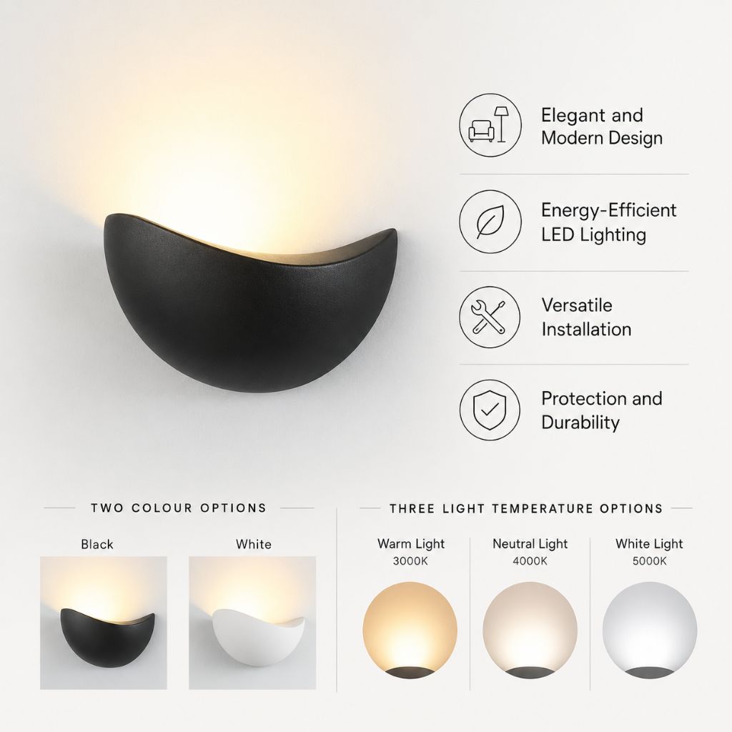 Half-Moon Aluminum LED Sconce – 5W Low-Profile Fixture for Bedroom, Hallway & Porch – IP65 Weatherproof Wall Lighting 3000K-5000K | Thomler