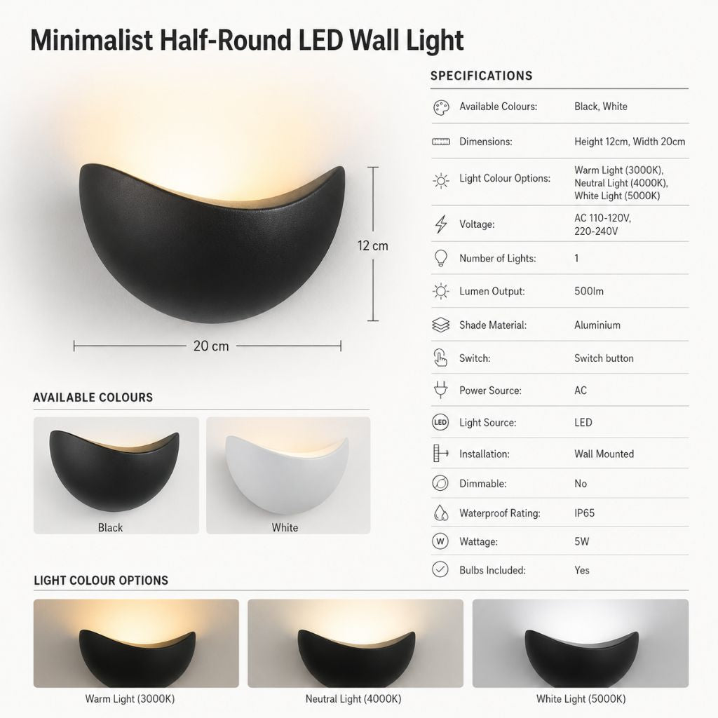 Half-Moon Aluminum LED Sconce – 5W Low-Profile Fixture for Bedroom, Hallway & Porch – IP65 Weatherproof Wall Lighting 3000K-5000K | Thomler