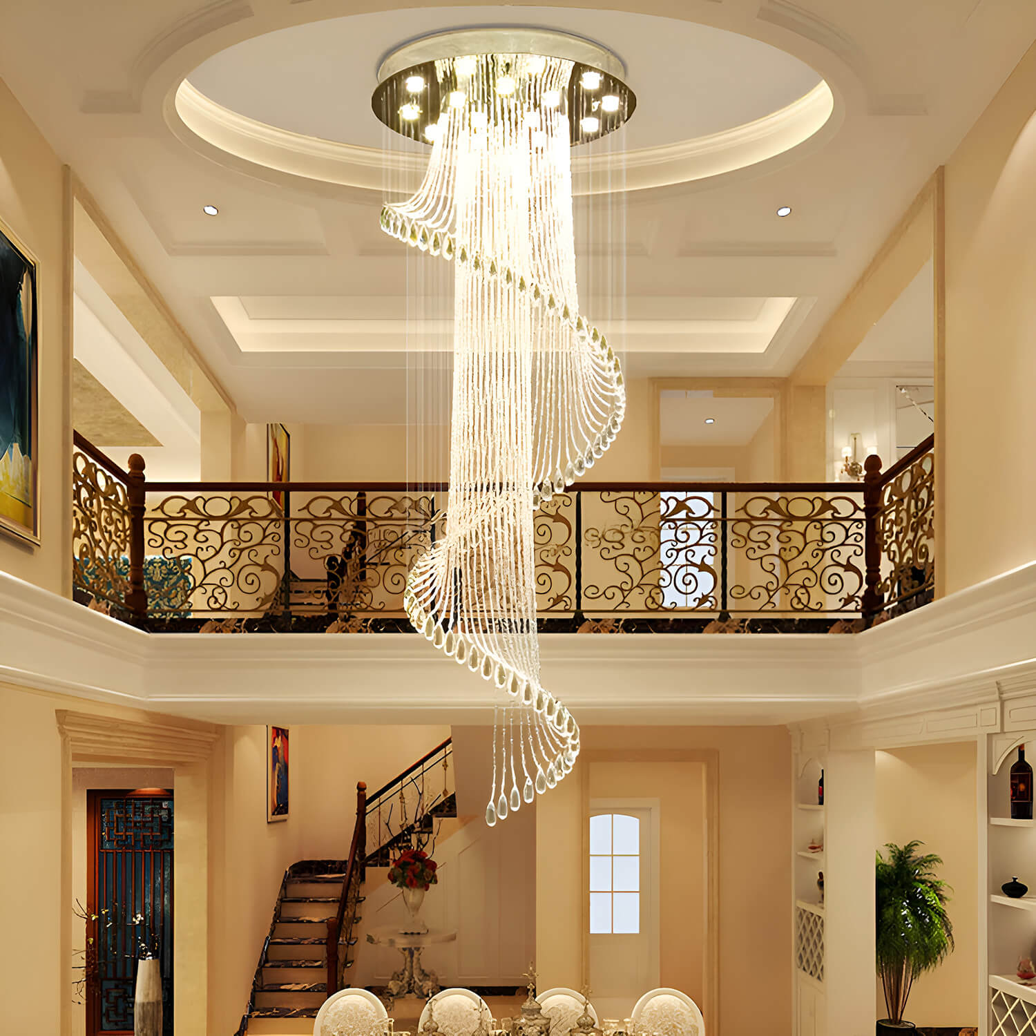 Spiral Crystal Raindrop Chandelier Chrome Finish Contemporary Lighting for Staircase Foyer High Ceiling Entryway Multi-Tier LED Fixture | Thomler