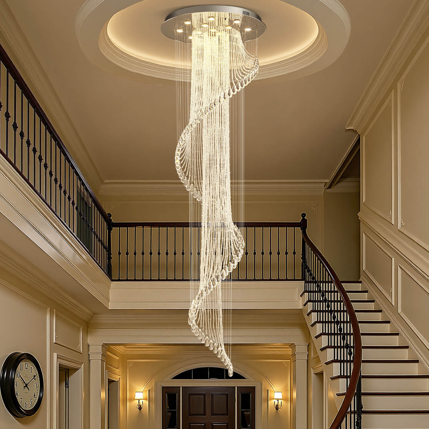 Spiral Crystal Raindrop Chandelier Chrome Finish Contemporary Lighting for Staircase Foyer High Ceiling Entryway Multi-Tier LED Fixture | Thomler