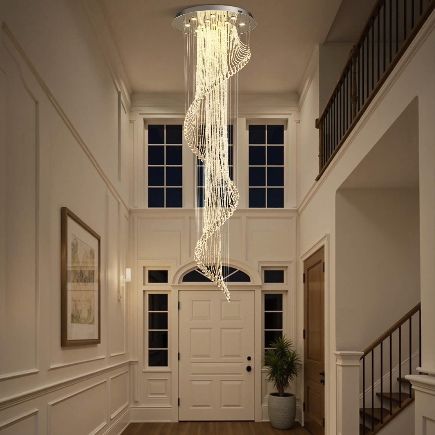 Spiral Crystal Raindrop Chandelier Chrome Finish Contemporary Lighting for Staircase Foyer High Ceiling Entryway Multi-Tier LED Fixture | Thomler