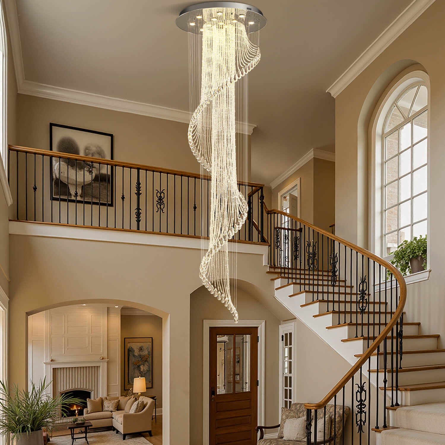 Spiral Crystal Raindrop Chandelier Chrome Finish Contemporary Lighting for Staircase Foyer High Ceiling Entryway Multi-Tier LED Fixture | Thomler