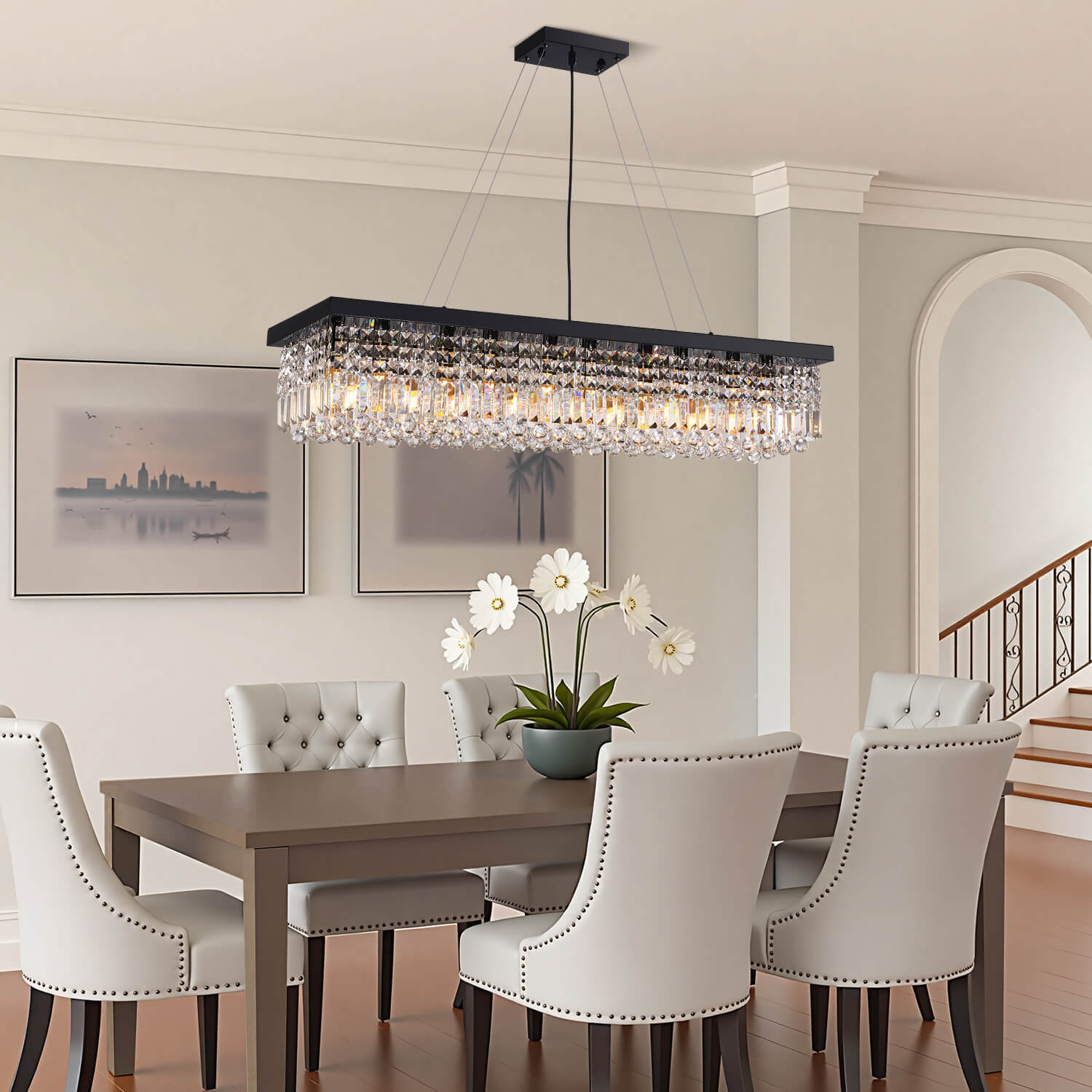 Linear Crystal Chandelier Black Metal Frame Dining Room Kitchen Island Pendant Raindrop E12 Multi-Light Fixture Adjustable Height | Thomler