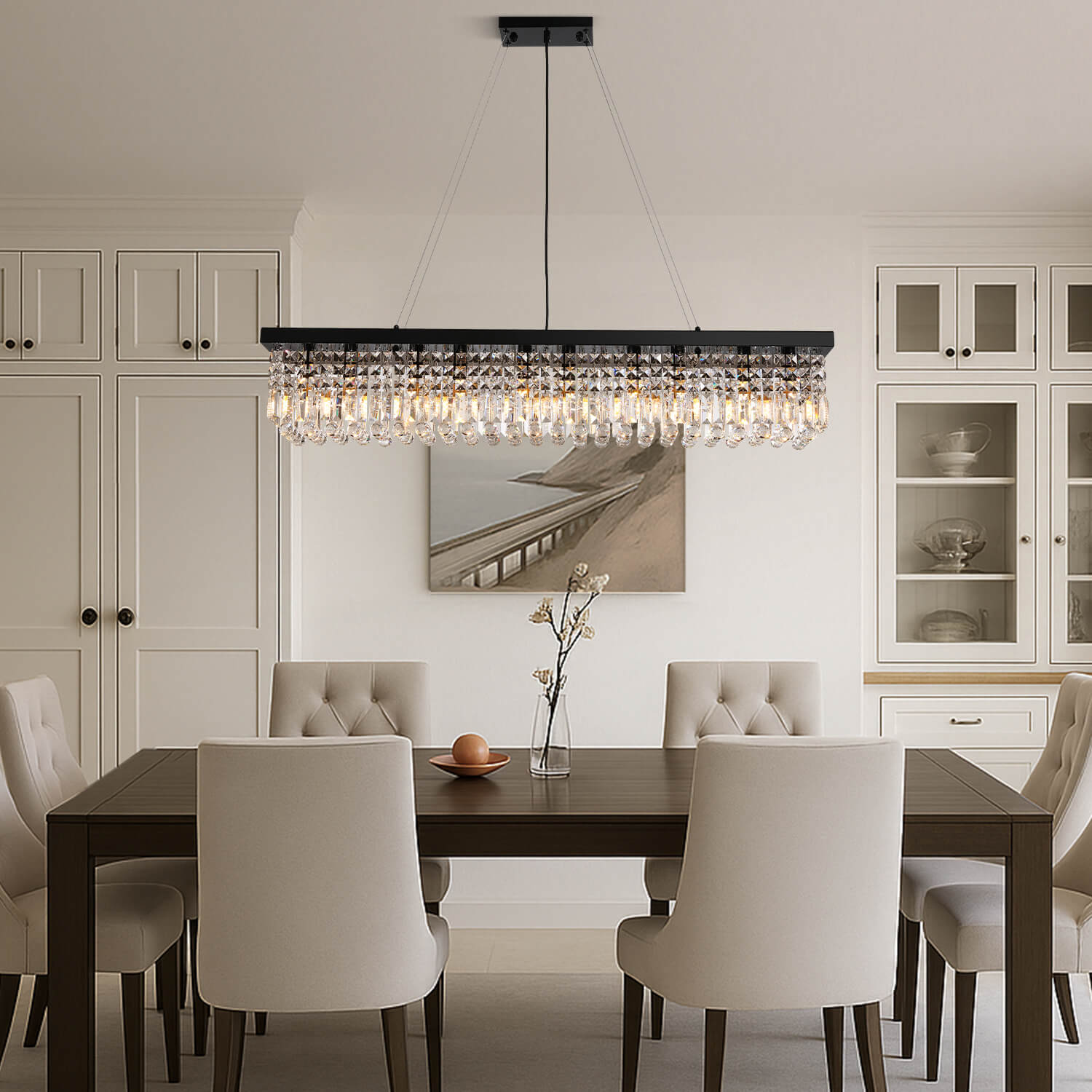 Linear Crystal Chandelier Black Metal Frame Dining Room Kitchen Island Pendant Raindrop E12 Multi-Light Fixture Adjustable Height | Thomler