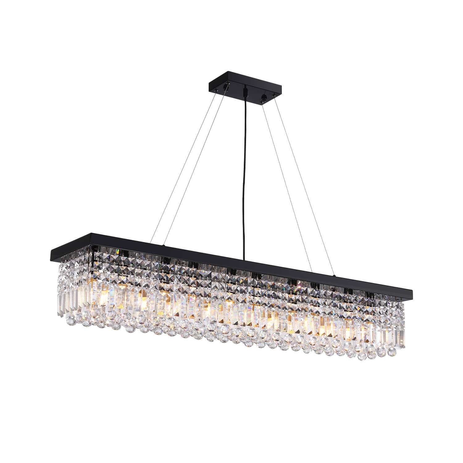 Linear Crystal Chandelier Black Metal Frame Dining Room Kitchen Island Pendant Raindrop E12 Multi-Light Fixture Adjustable Height | Thomler