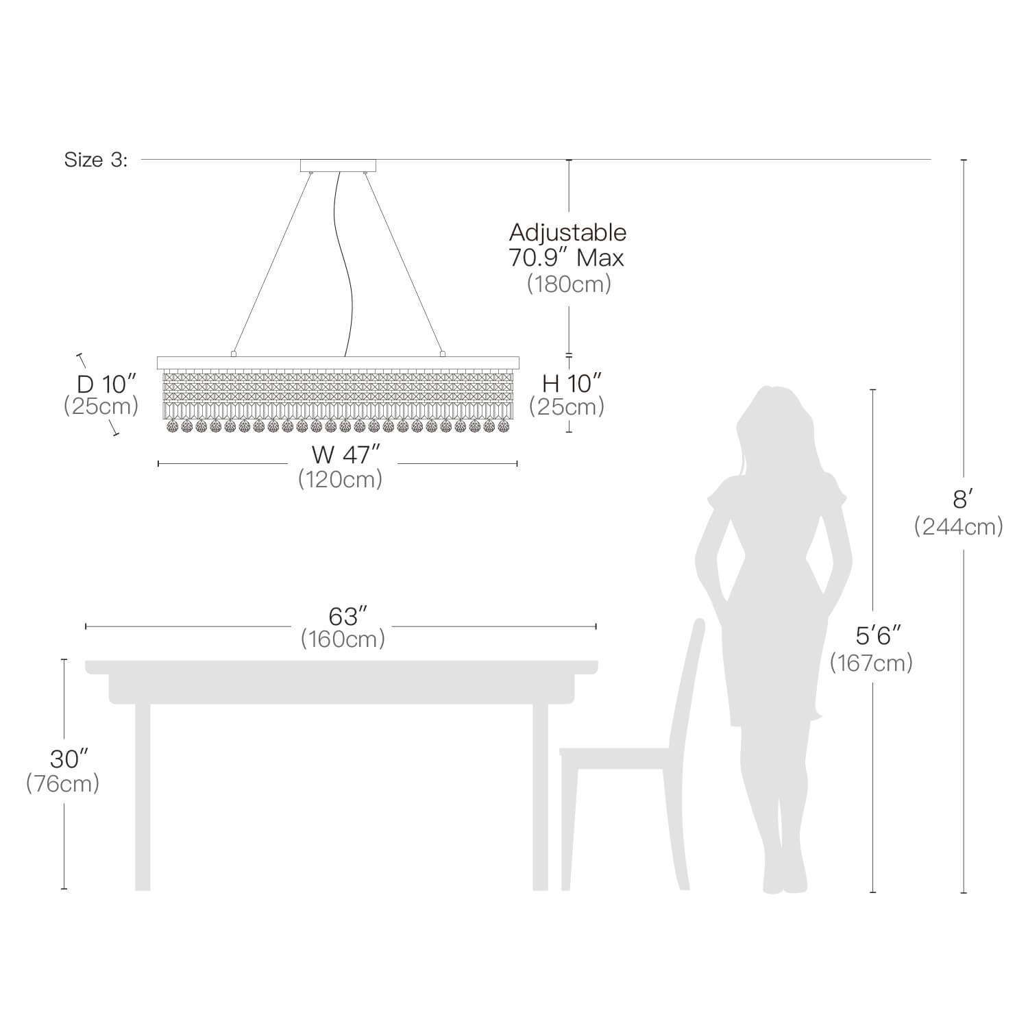 Linear Crystal Chandelier Black Metal Frame Dining Room Kitchen Island Pendant Raindrop E12 Multi-Light Fixture Adjustable Height | Thomler