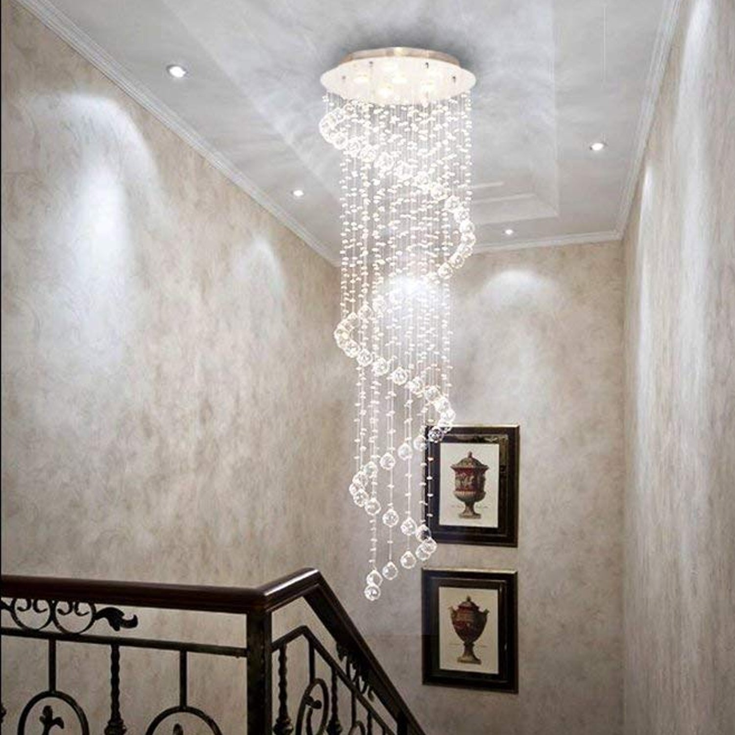 Hanging Raindrop Chandelier with Multi-Tier Clear Faceted Beads & Polished Metal Canopy for Foyer & Stairwell | Thomler