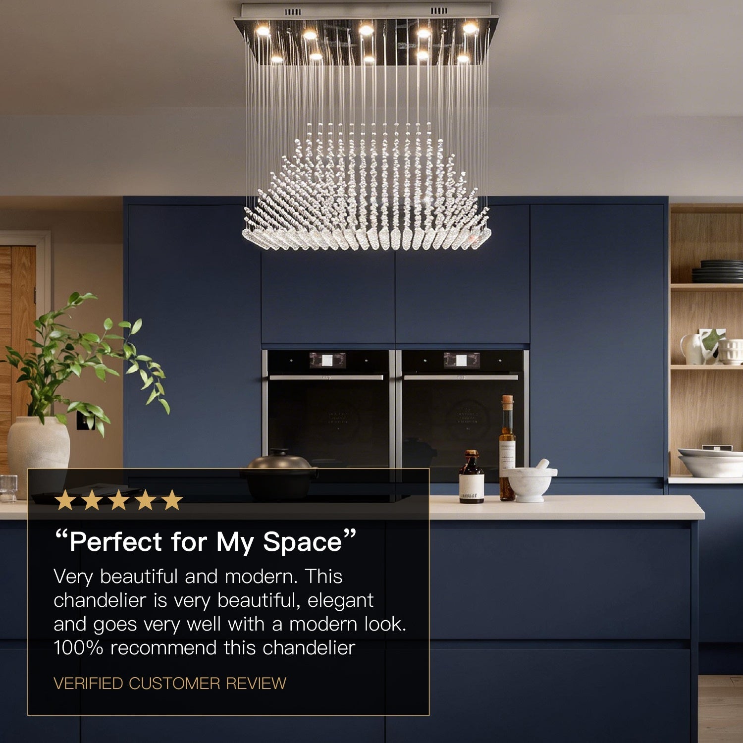 Rectangular Crystal Chandelier with Pyramid Design, 10-Light Stainless Steel Hanging Fixture for Dining Room, Kitchen Island & Living Room | Thomler