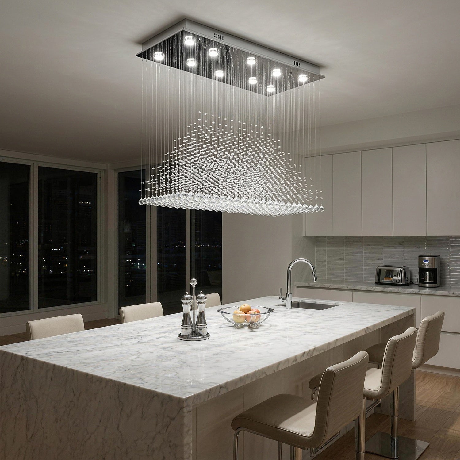 Rectangular Crystal Chandelier with Pyramid Design, 10-Light Stainless Steel Hanging Fixture for Dining Room, Kitchen Island & Living Room | Thomler