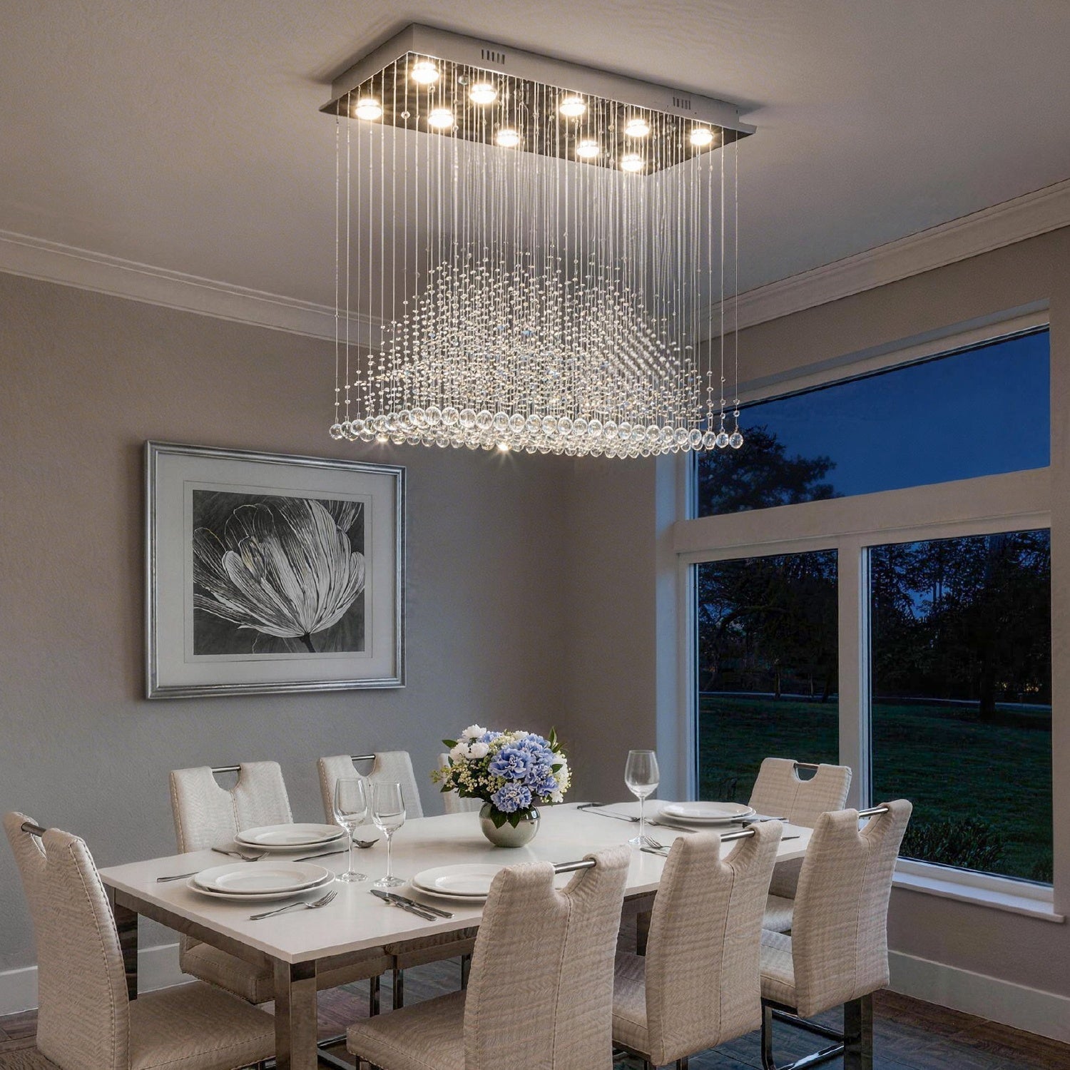 Rectangular Crystal Chandelier with Pyramid Design, 10-Light Stainless Steel Hanging Fixture for Dining Room, Kitchen Island & Living Room | Thomler