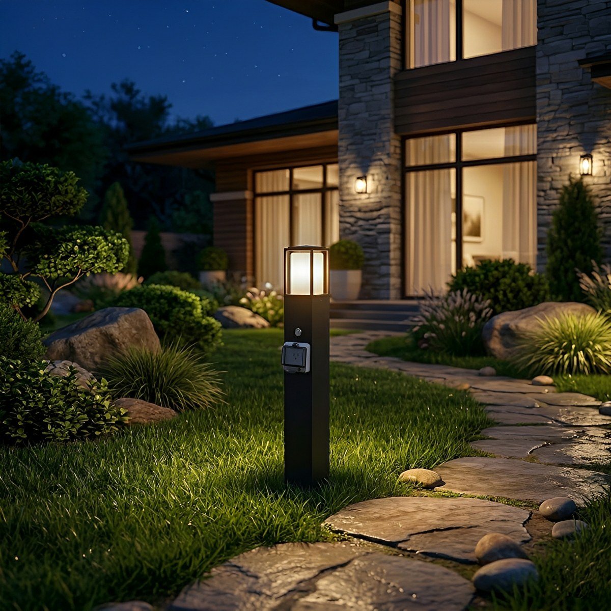 Dual-Purpose Bollard Stake Fixture with Integrated Power Socket for Yards & Gardens | Thomler
