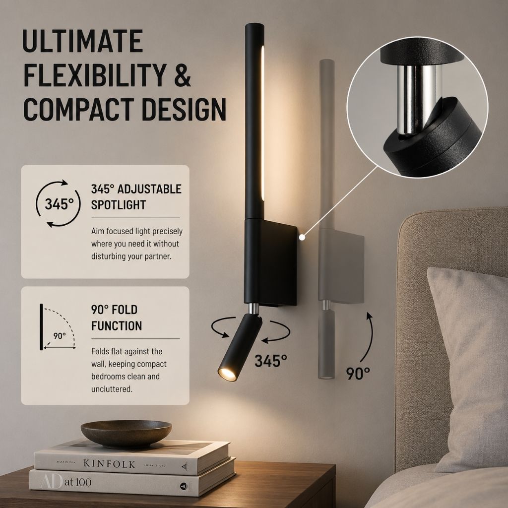 Dual-Function Wall Sconce with Swivel Reading Light for Bedroom & Nightstand | Modern LED Task Lamp | 12W Aluminum Fixture | Thomler